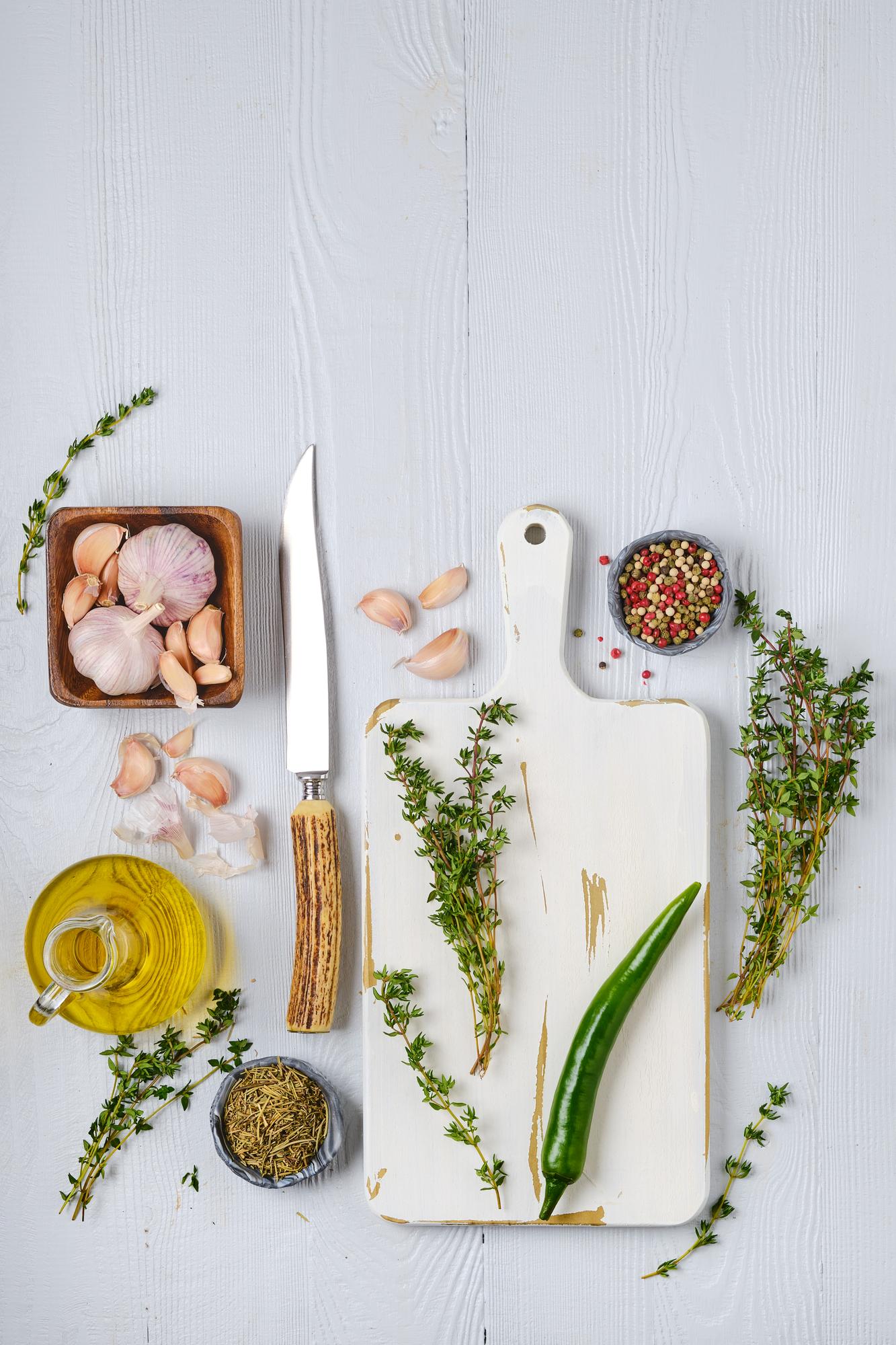 ingredient flatlay with herbs and tools